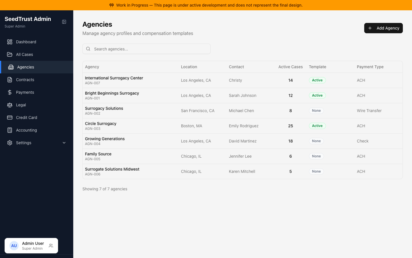 Agencies list showing all registered agencies with their details