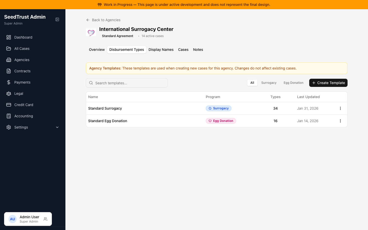 Agency disbursement types showing Surrogacy and Egg Donation templates