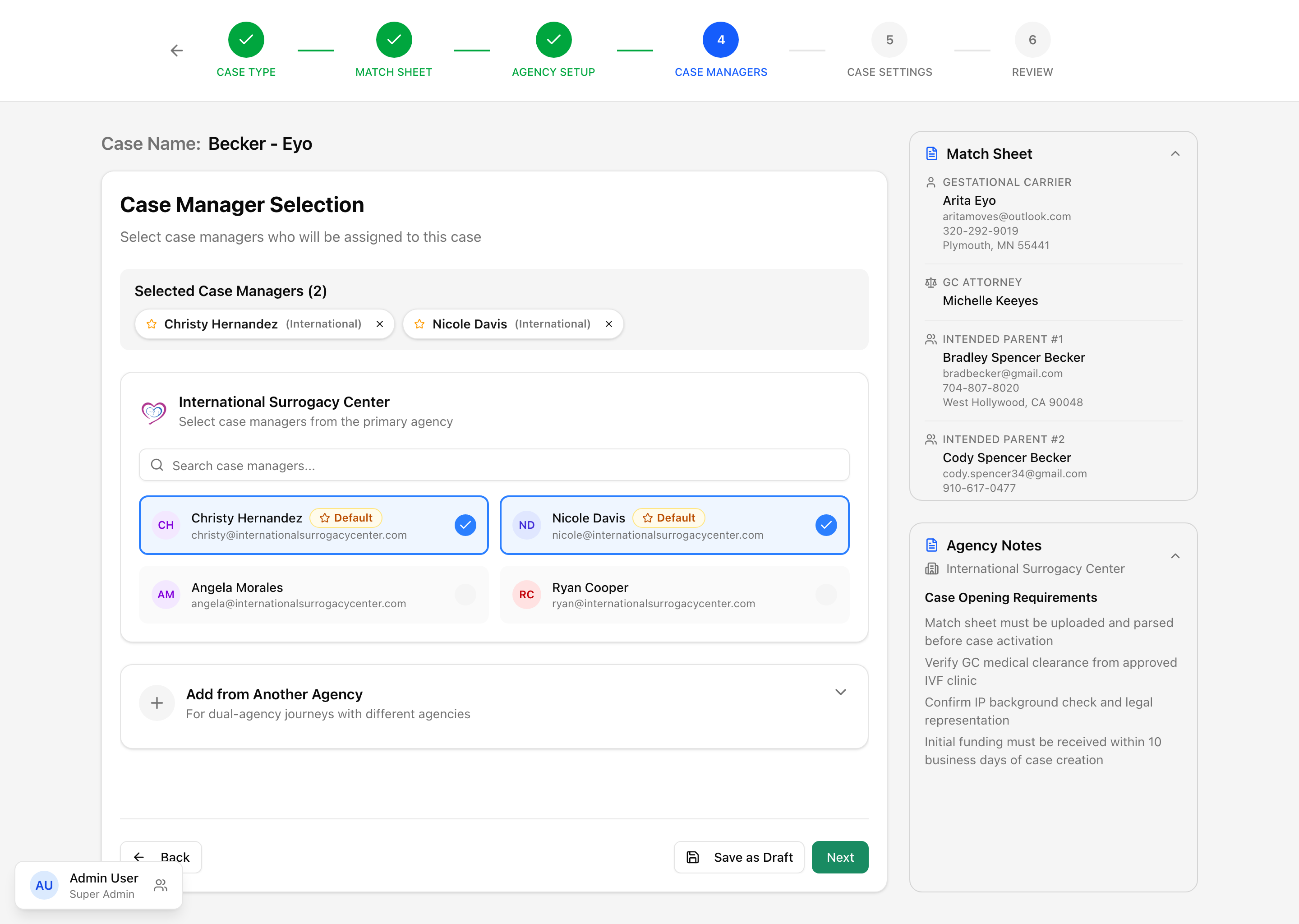 Case Managers step showing selected default managers, a "Search case managers…" box, and the agency-first "Add from Another Agency" expander