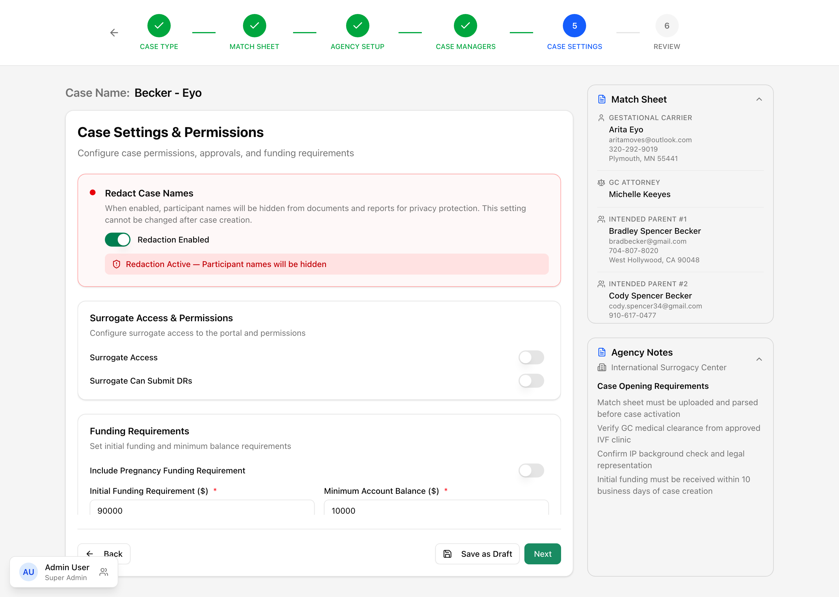 Case Settings step: the Redact Case Names card with redaction enabled, above the Surrogate Access & Permissions section and funding requirements