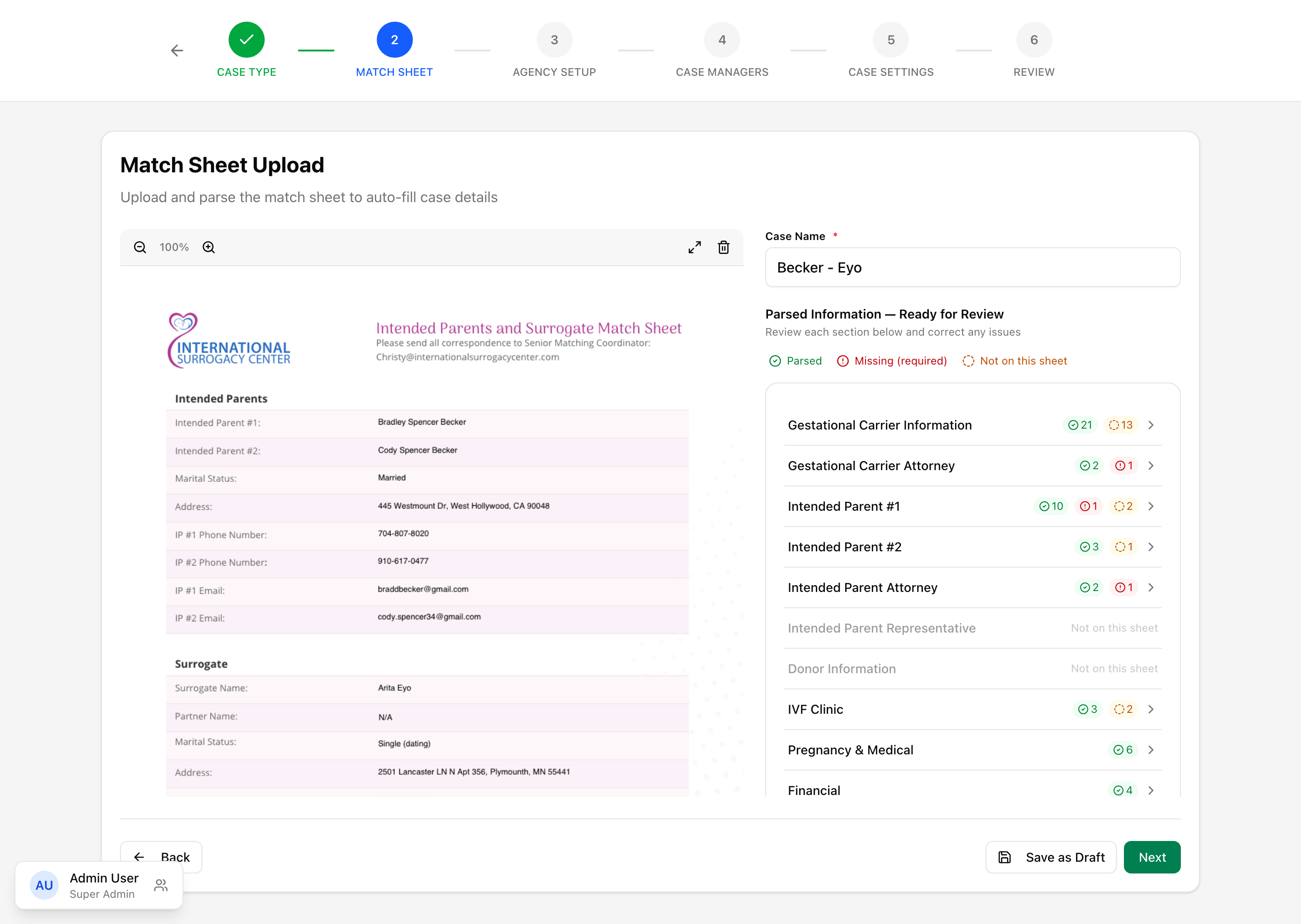 Match-sheet step of the case-creation wizard after parsing: a triage dashboard listing each section with Parsed / Missing / Not-on-this-sheet counts beside the document preview