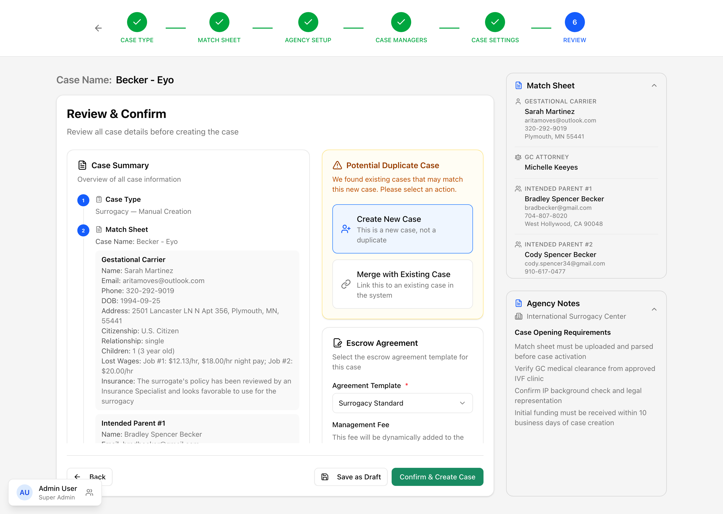 Review step showing the amber "Potential Duplicate Case" panel with Create New Case vs. Merge with Existing Case options and a match percentage