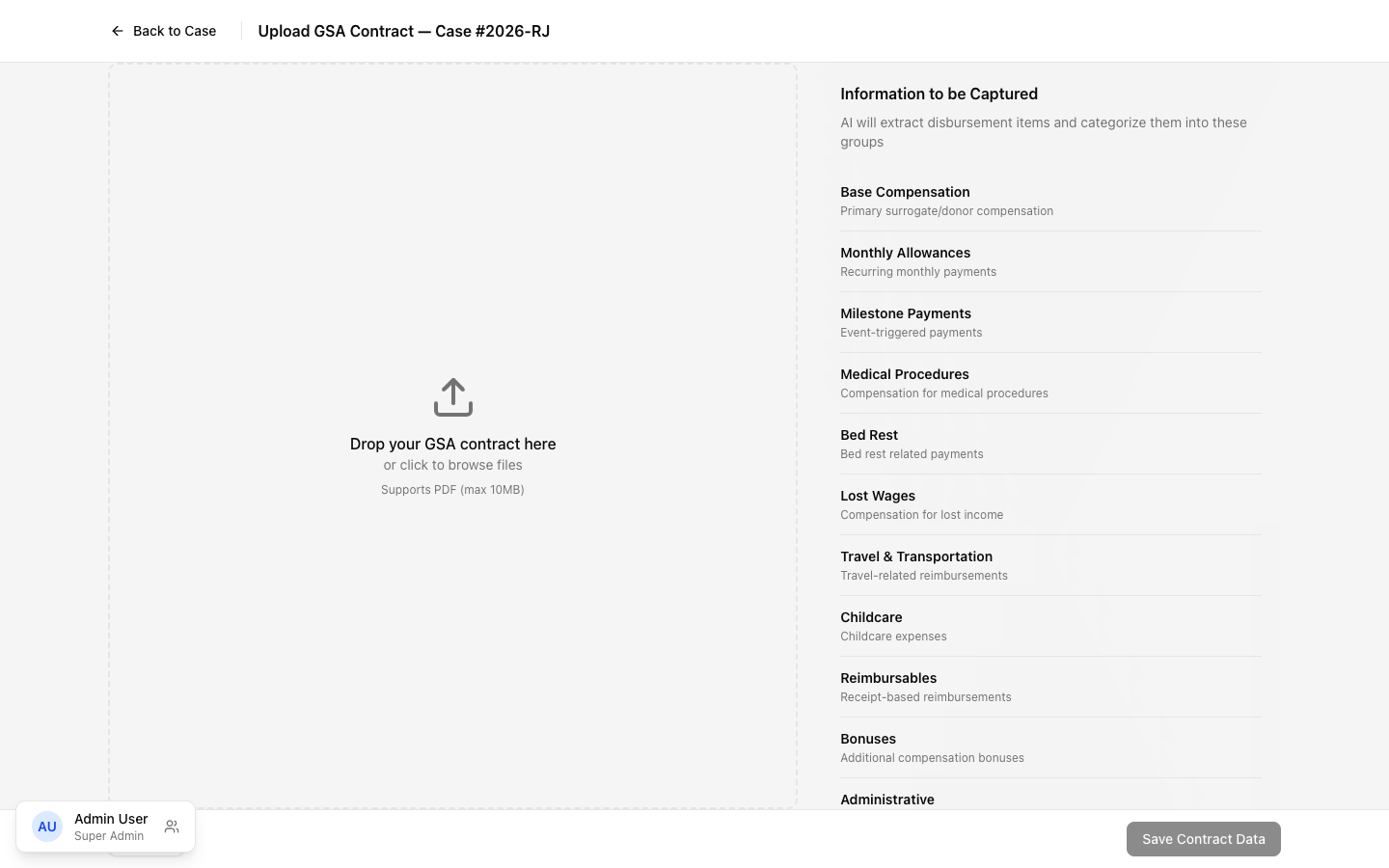 GSA Upload Wizard showing document preview and parsed fields