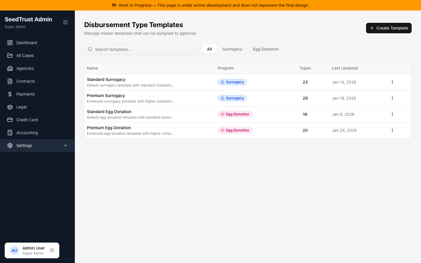 Template Library showing master templates for Surrogacy and Egg Donation programs