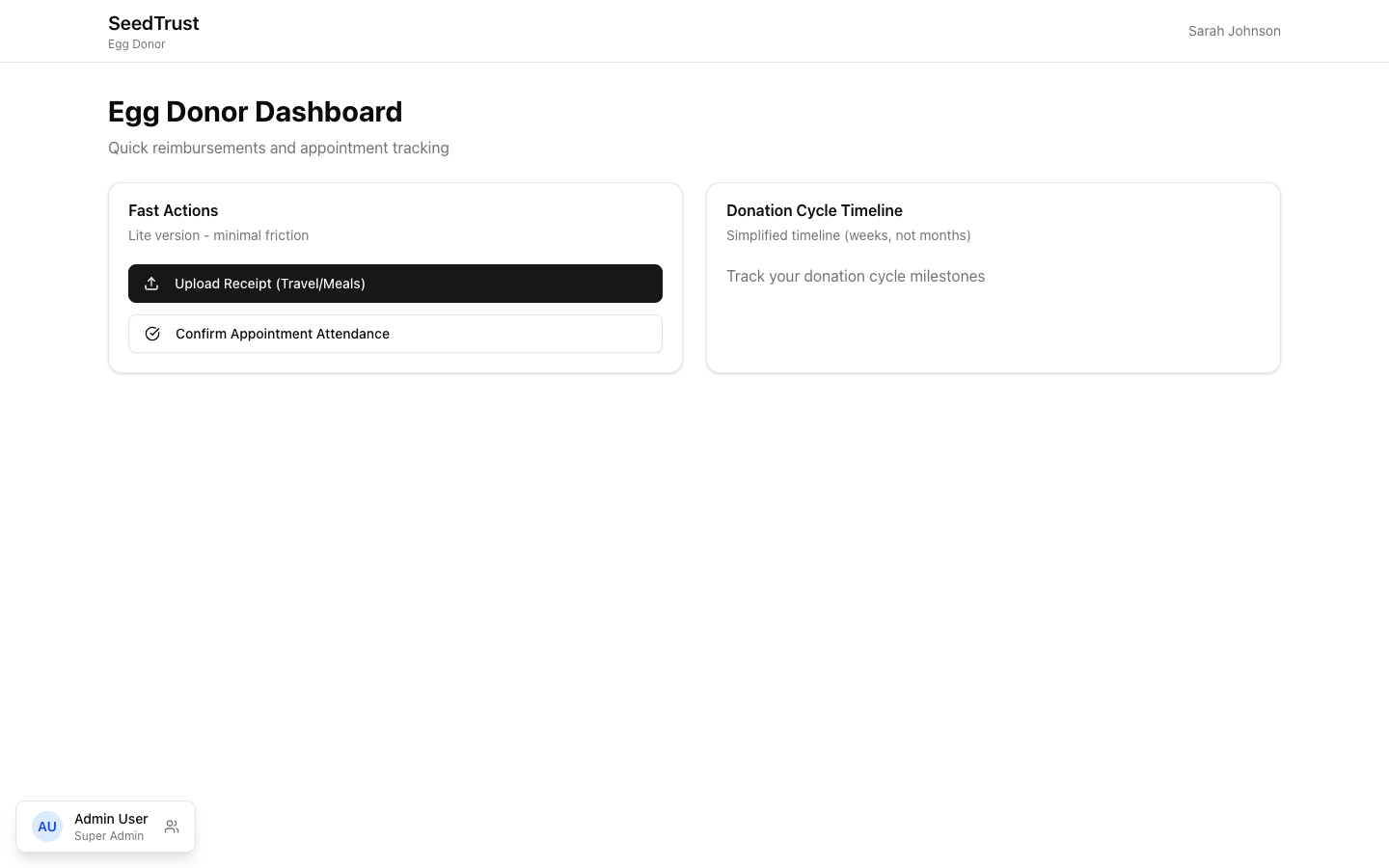 Egg Donor Portal showing fast actions and donation cycle timeline